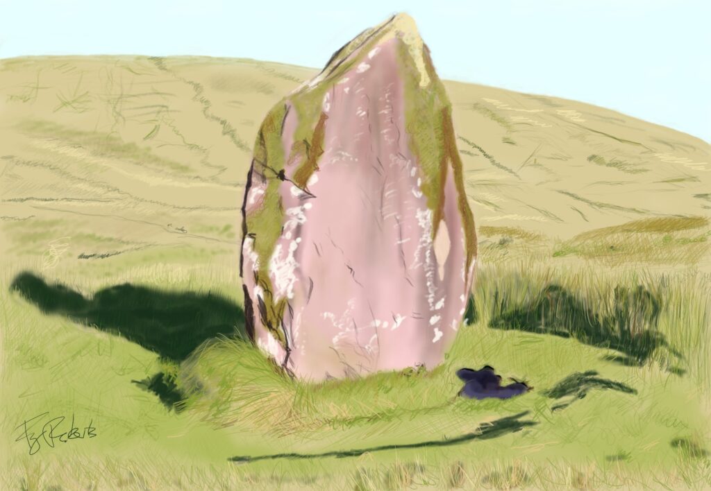 a mildly impressionistic, full colour, digital drawing of a pink stone menhir - a rock roughly hewn into a teardrop shape - set against a rolling hillside. The stone is covered in lichen (white, yellow, and reddish-brown) and green moss, stained and cracked in various places. It is seated in a shallow depression, on top of a tiny mound. The grass in the depression is rather short, and there is longer standing grass encircling the dip. The stone casts a strong shadow behind itself, to the left of the viewer, and there is a strange, purplish pool at the foot of the stone's mound. The hill behind the stone shows a variety of dips and tracks as the ground undulates up to a pale, greyish-blue sky.
