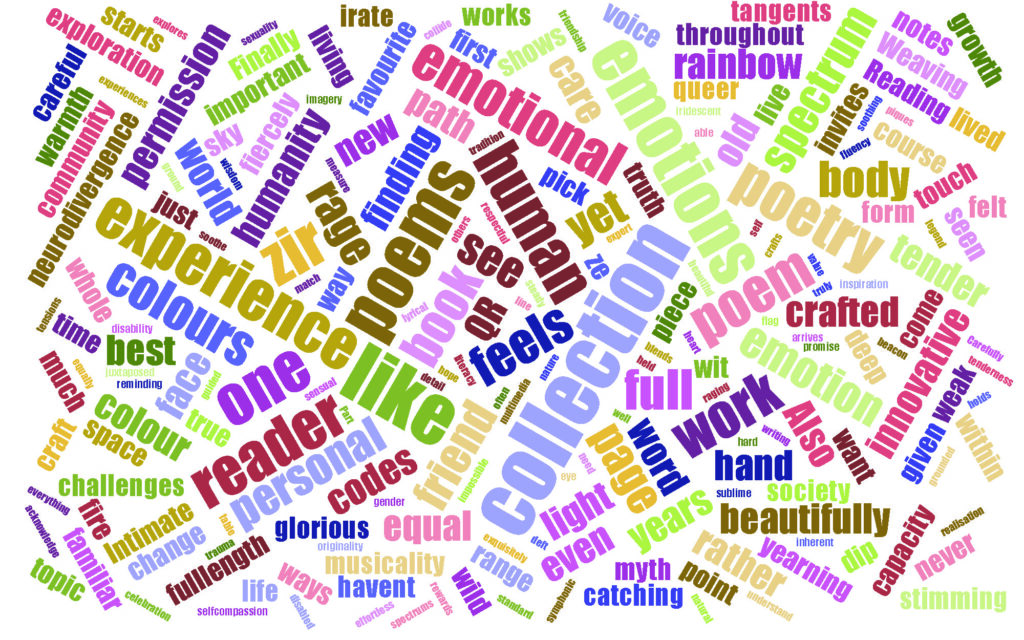 A word cloud where the largest words include collection, emotions, poem, experience, colours, like, reader, personal, crafter, work, beautifully, permission, spectrum, rainbow, innovative. feels, reader, and book